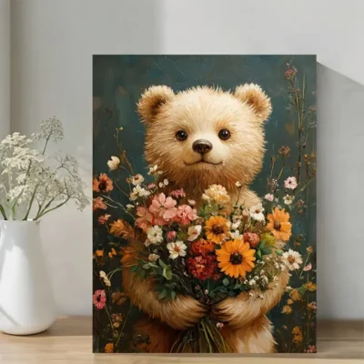Vibrant Floral Bear Painting Wall Art Canvas Framed 40x60