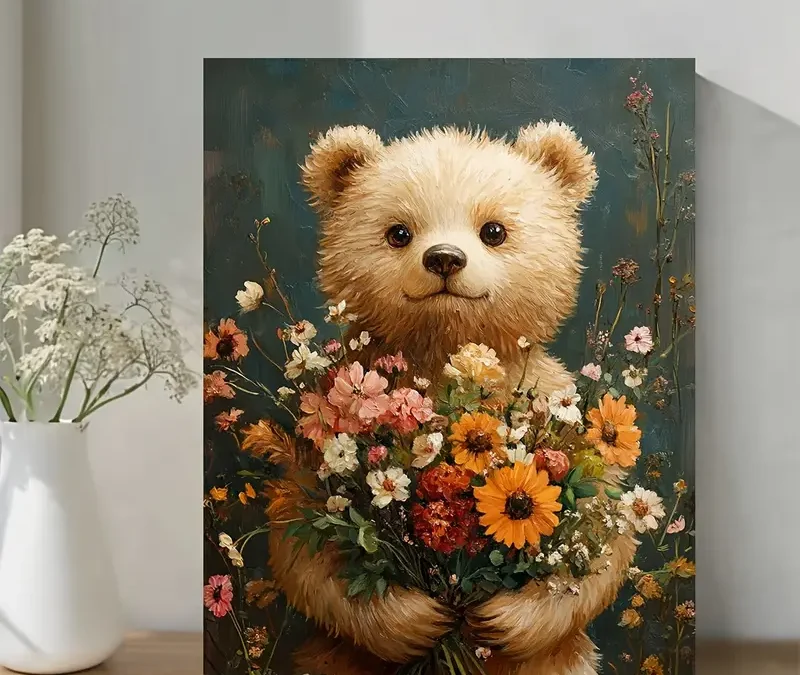 Vibrant Floral Bear Painting Wall Art Canvas Framed 40×60