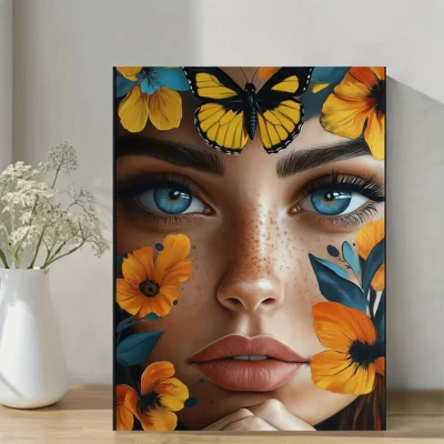 Beauty Woman with Butterfly & Floral Motif Wall Art Canvas Framed 40x60