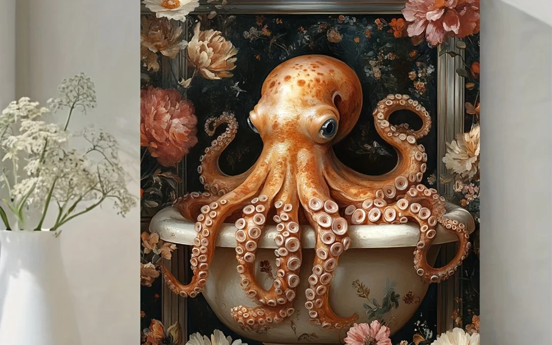 Whimsical Octopus in Floral Bathroom Wall Art Canvas Framed 40×60