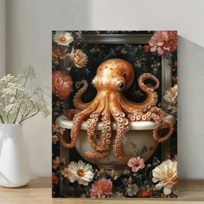 Whimsical Octopus in Floral Bathroom Wall Art Canvas Framed 40x60