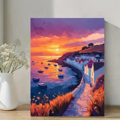 Vibrant Coastal Sunset Scene Wall Art Canvas Framed 40x60