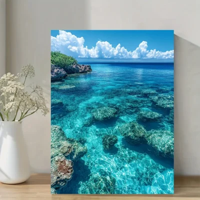 Vibrant Underwater Coral Reef & Turquoise Water Wall Art Canvas Framed 40x60