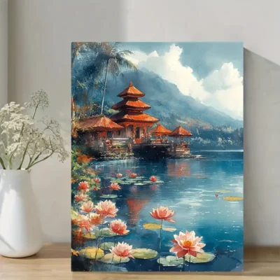 Mid-Century Modern Indonesian Temple Wall Art Canvas Framed 40x60
