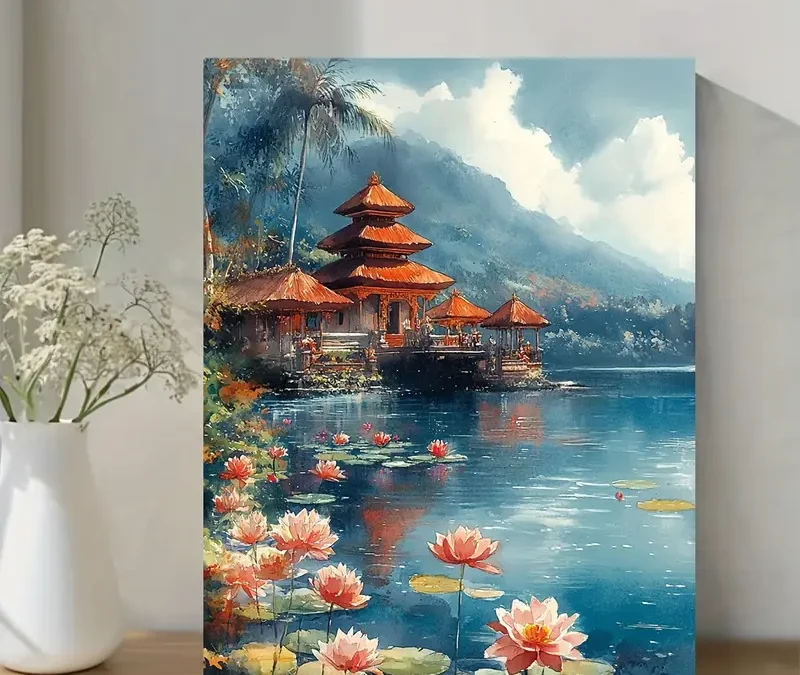 Mid-Century Modern Indonesian Temple Wall Art Canvas Framed 40×60