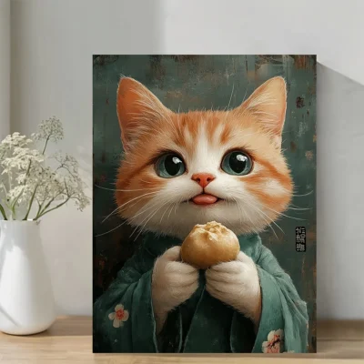 Cute Lucky Cat Eating Dumplings Wall Art Canvas Framed 40x60
