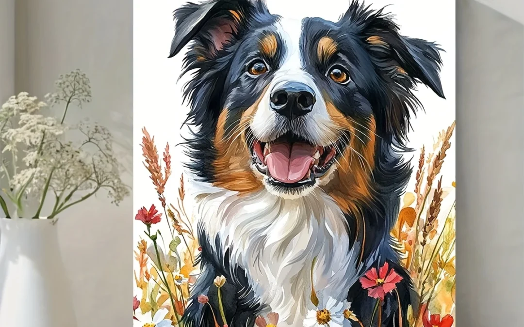 Vibrant Dog Portrait with Wildflowers Wall Art Canvas Framed 40×60