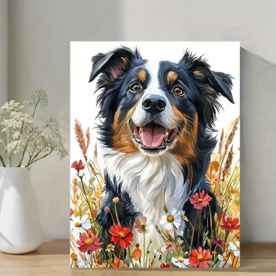 Vibrant Dog Portrait with Wildflowers Wall Art Canvas Framed 40x60
