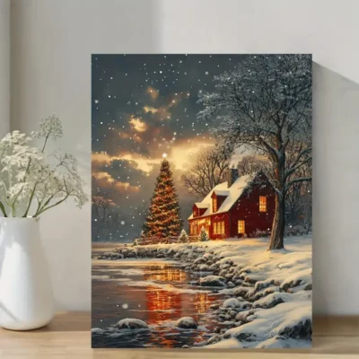 Snowy Christmas Scene with Red House & Reflective River Wall Art Canvas Framed 40x60