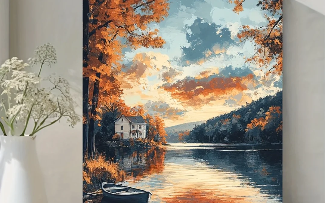 Serene Autumn Lake House Scene Wall Art Canvas Framed 40×60