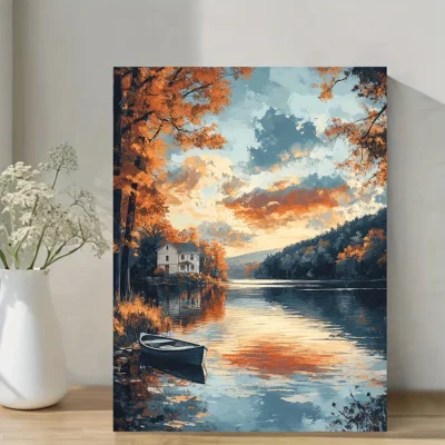 Serene Autumn Lake House Scene Wall Art Canvas Framed 40x60