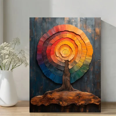 Colorful Abstract Rainbow Tree Rings Wall Art Canvas Framed 40x60
