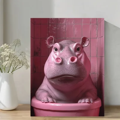 Quirky Hippo Bathroom Wall Art Canvas Framed 40x60