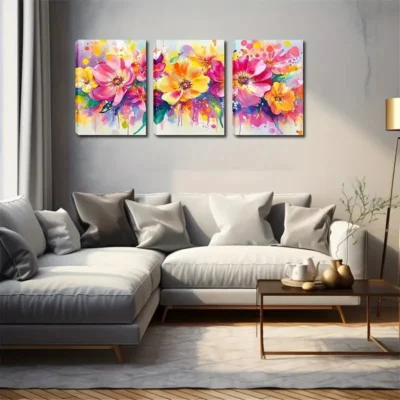3pcs Bright Colors Splash Flower Wall Art Set Canvas Framed 40x60cm - High Quality Print 100% Australian Made Wall Canvas Ready to Hang