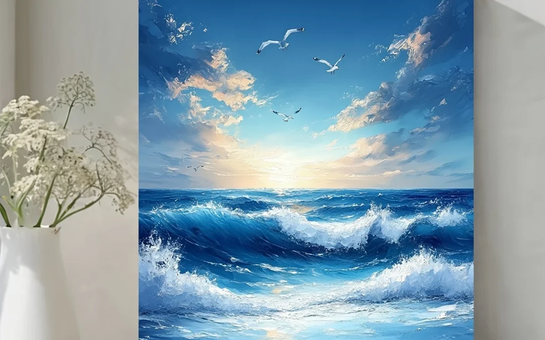 Blue Beach Ocean Waves Seagulls Wall Art Canvas Framed 40×60