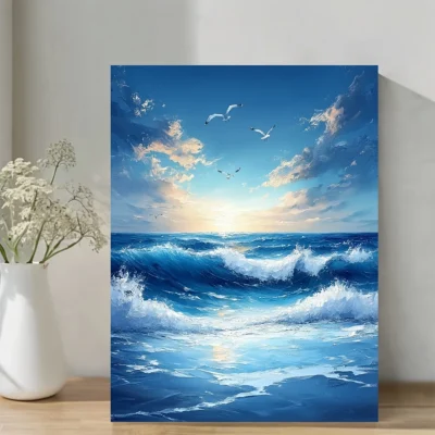 Blue Beach Ocean Waves Seagulls Wall Art Canvas Framed 40x60