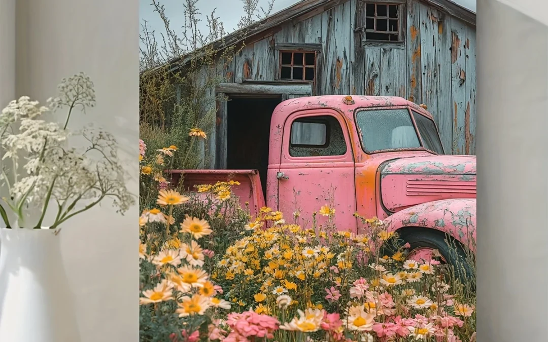 Vintage Pink Truck Flower Bed Rustic Farmhouse Wall Art Canvas Framed 40×60