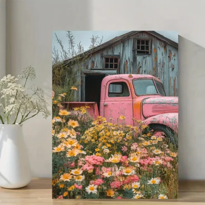 Vintage Pink Truck Flower Bed Rustic Farmhouse Wall Art Canvas Framed 40x60