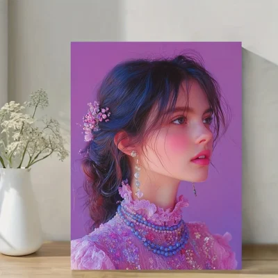 Pink and Blue Pastel Feminine With Beaded Necklace Wall Art Canvas Framed 40x60