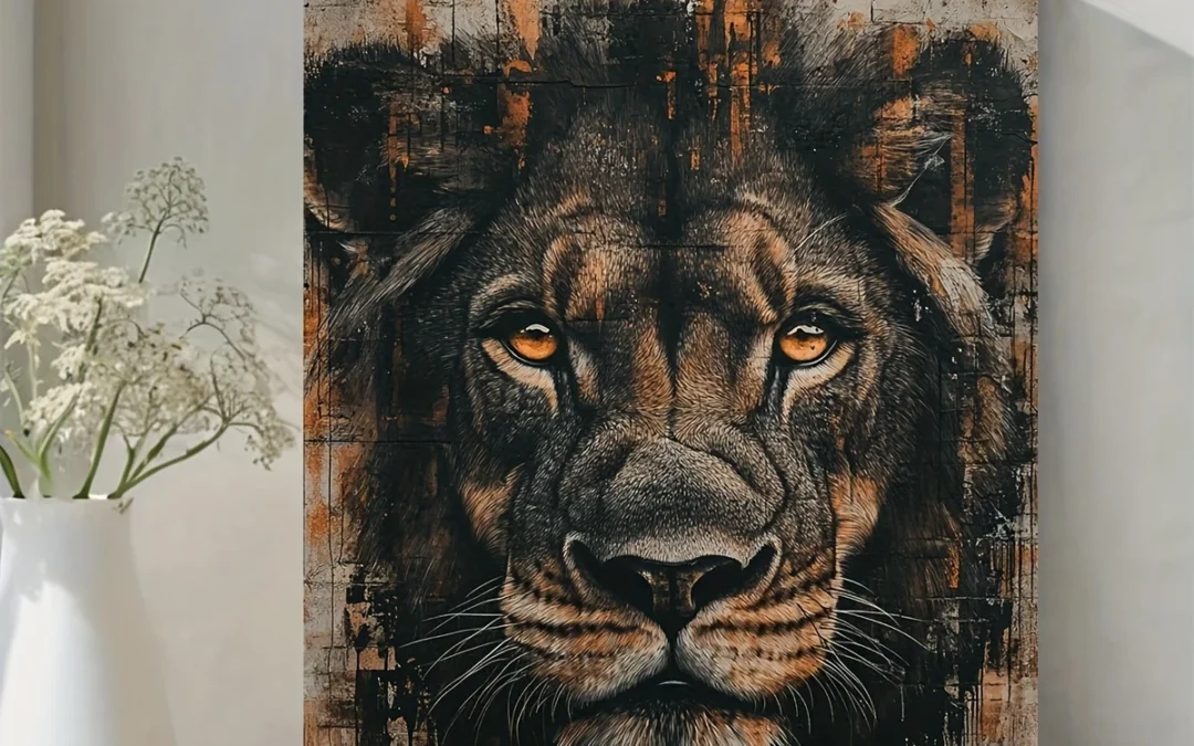 Orange Lion Portrait with Black and White Brushstrokes Wall Art Canvas Framed 40×60