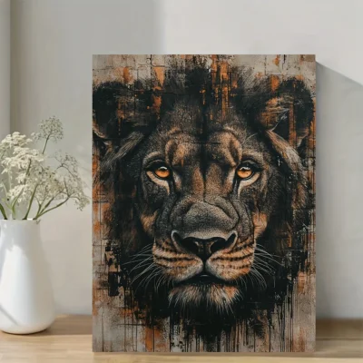 Orange Lion Portrait with Black and White Brushstrokes Wall Art Canvas Framed 40x60