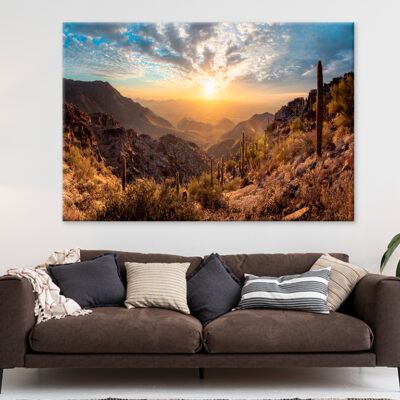 Vibrant Cactus Trees And Sunrise Wall Art Print 100% Australian Made