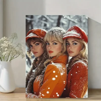 Three Friends in Winter Attire in Christmas Wall Art Canvas Framed 40x60