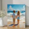 Serene Beach Seascape Painting with Kids Playing Wall Art Canvas Framed 40x60