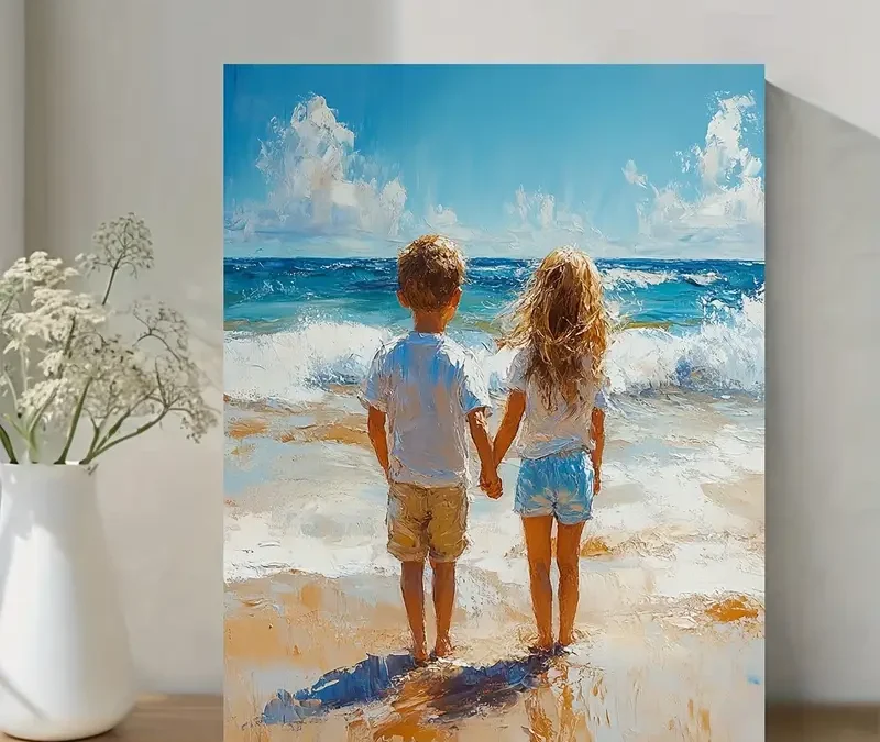 Serene Beach Seascape Painting with Kids Playing Wall Art Canvas Framed 40×60