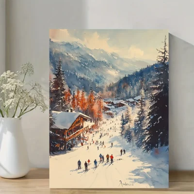 Skiers at a Ski Resort Wall Art Canvas Framed 40x60