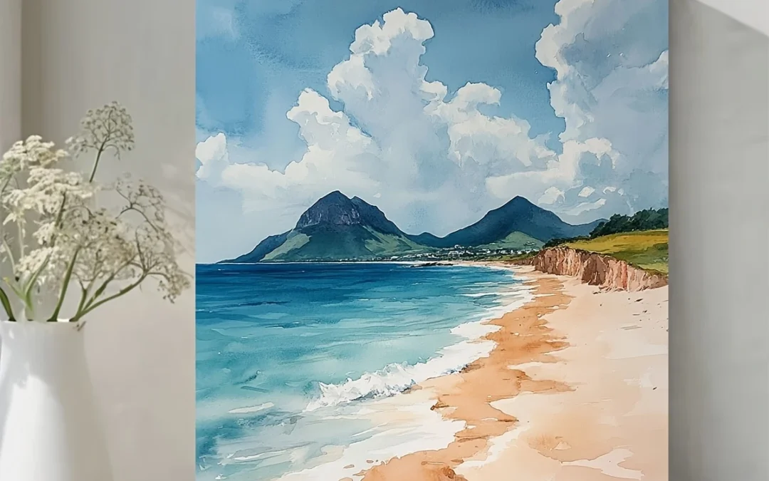 Vibrant Beach Scene with Sandy Shore and Blue Waters, Wall Art Canvas Framed 40×60