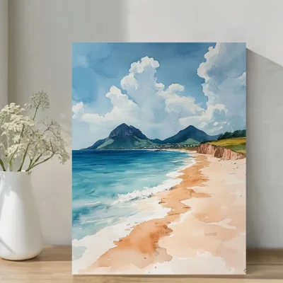 Vibrant Beach Scene with Sandy Shore and Blue Waters, Wall Art Canvas Framed 40x60