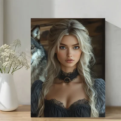Moody Blonde and Wolf Wall Art Canvas Framed 40x60