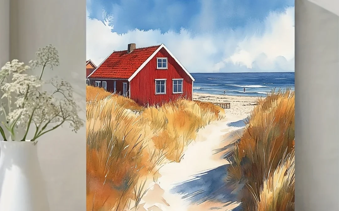 Vibrant Red House and Sandy Shoreline Wall Art Canvas Framed 40×60