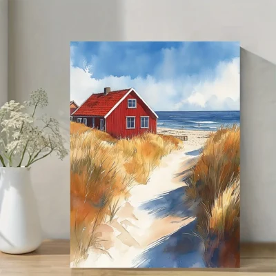 Vibrant Red House and Sandy Shoreline Wall Art Canvas Framed 40x60