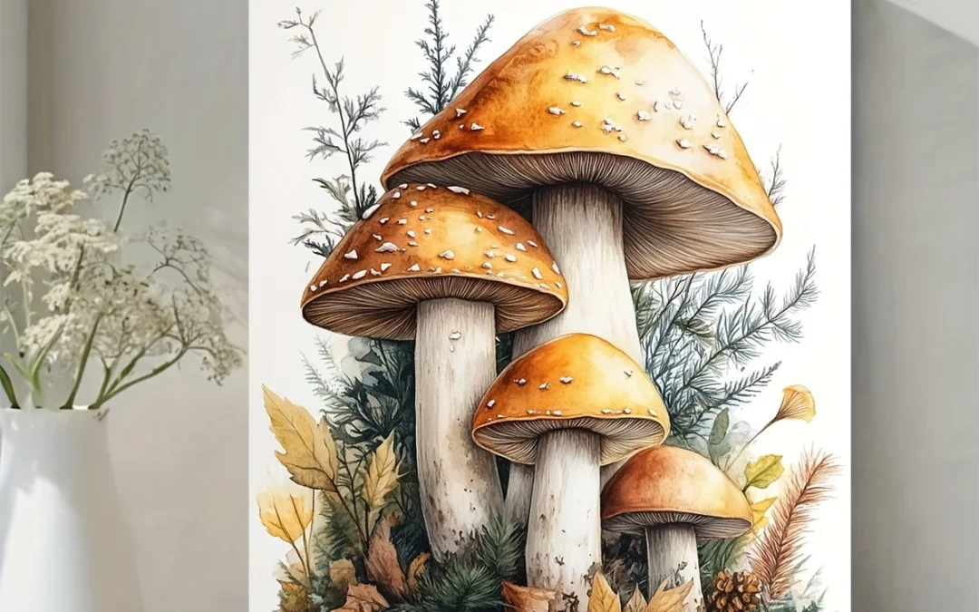 Vibrant Autumn Forest Scene with Mushrooms Wall Art Canvas Framed 40×60