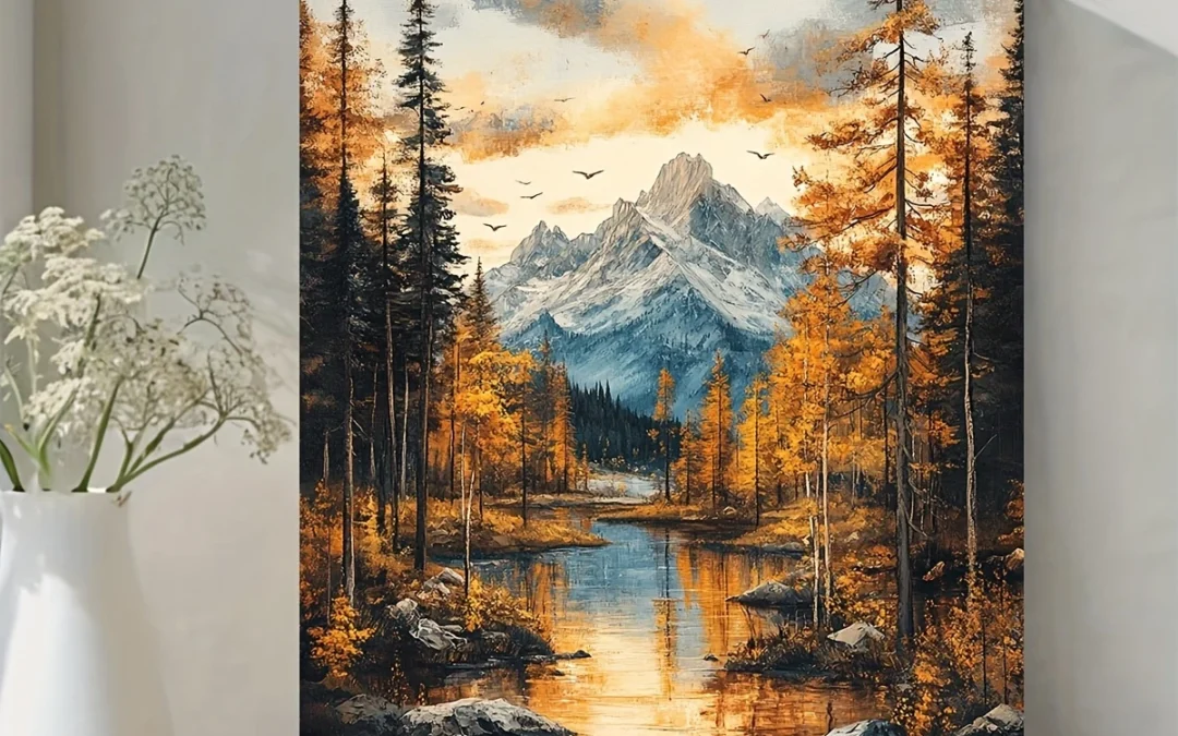 Serene Mountain Landscape with Autumn Trees & Reflective Water Wall Art Canvas Framed 40×60