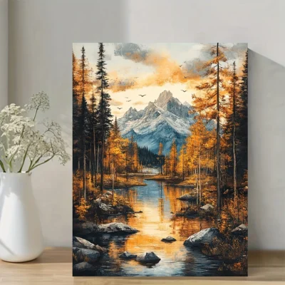 Serene Mountain Landscape with Autumn Trees & Reflective Water Wall Art Canvas Framed 40x60