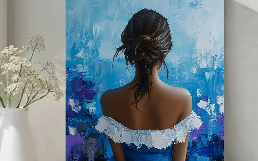 Elegant Woman in Blue Dress with Floral Accents Wall Art Canvas Framed 40×60