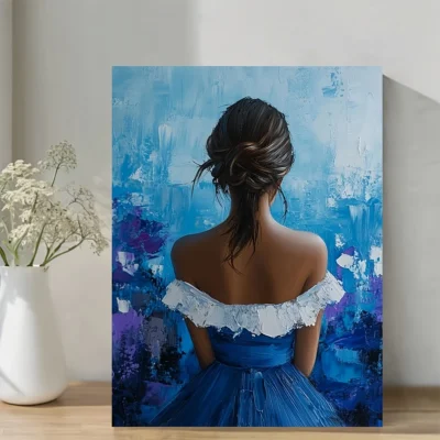Elegant Woman in Blue Dress with Floral Accents Wall Art Canvas Framed 40x60