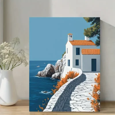 Vibrant Santorini-Style Poster of Greek Island Wall Art Canvas Framed 40x60