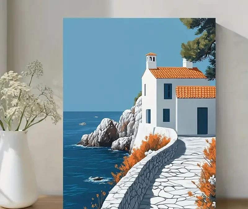 Vibrant Santorini-Style Poster of Greek Island Wall Art Canvas Framed 40×60