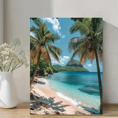 Tropical Beach Scene with Palm Trees and Turquoise Water Wall Art Canvas Framed 40x60