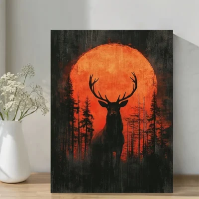 Stag Silhouette Sunset Forest Wall Art Canvas Framed 40x60