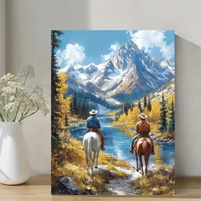 Vintage Men Riding Horse In The Forest Painting Wall Art Canvas Framed 40x60