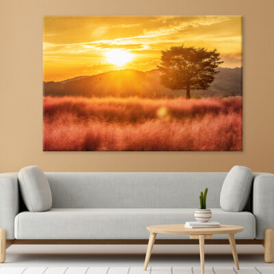 Autumn Field with Pink Mully Bloom Wall Art Print 100% Australian Made