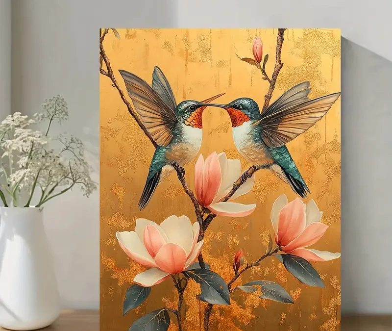 Hummingbirds & Magnolias Oil Painting with Golden Leaf Wall Art Canvas Framed 40×60
