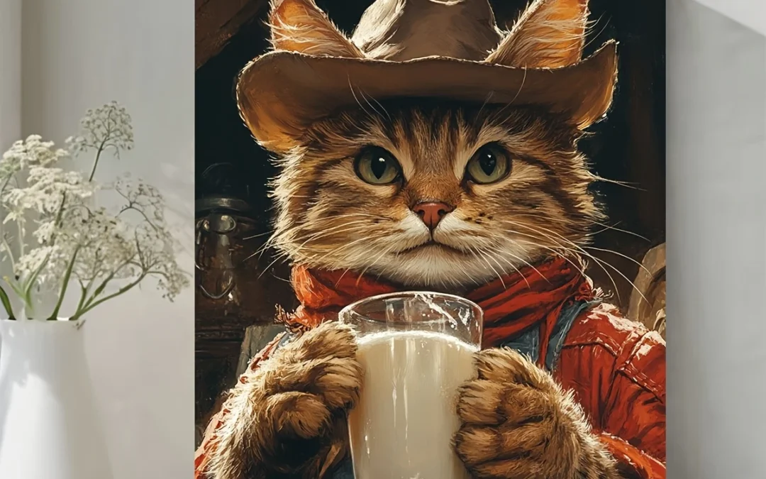 Cowboy Cat Drinking Milk Wall Art Canvas Framed 40×60