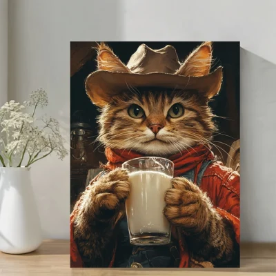 Cowboy Cat Drinking Milk Wall Art Canvas Framed 40x60