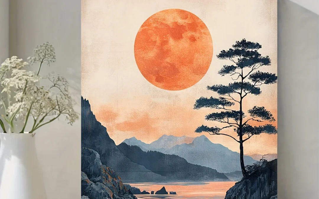 Serene Coastal Landscape at Dusk, Japanese Ukiyo-e Style Wall Art Canvas Framed 40×60
